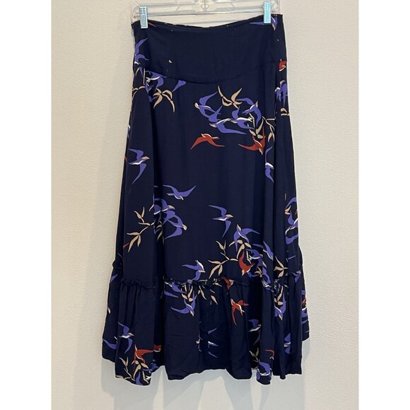 Anthropologie Maeve Women’s Midi Skirt Size 4 Merida Birds Graphic Flounced Blue - Picture 15 of 16